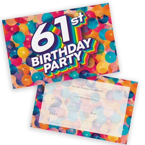 Party-Einladungen zum 61. Geburtstag, für Männer und Frauen, Regenbogen-Luftballons, 20 Stück, für Erwachsene, Geburtstagseinladungen für Freunde, Familie, A6, Geburtstagsparty-Einladungskarten mit Party-Einladungen zum 61. Geburtstag, für Männer und Frauen, Regenbogen-Luftballons, 20 Stück, für Erwachsene, Geburtstagseinladungen für Freunde, Familie, A6, Geburtstagsparty-Einladungskarten mit von Stuff4