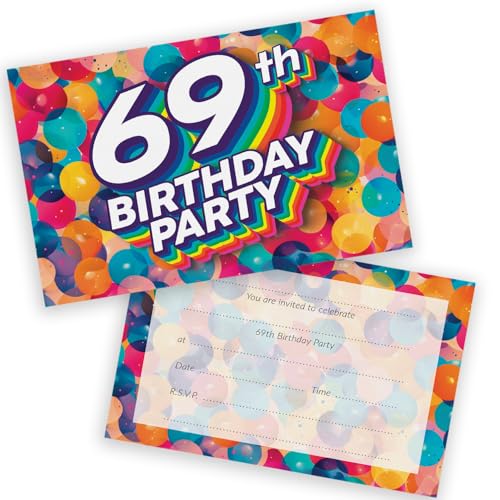 Party-Einladungen zum 69. Geburtstag, für Männer und Frauen, Regenbogen-Luftballons, 28 Stück, für Erwachsene, Geburtstagseinladungen für Freunde, Familie, A6, Geburtstagsparty-Einladungskarten mit Party-Einladungen zum 69. Geburtstag, für Männer und Frauen, Regenbogen-Luftballons, 28 Stück, für Erwachsene, Geburtstagseinladungen für Freunde, Familie, A6, Geburtstagsparty-Einladungskarten mit von Stuff4
