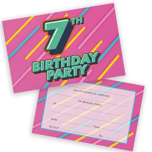 Party-Einladungen zum 7. Geburtstag für Kinder, flippige Farben, 20 Stück, Kindergeburtstagseinladungen für Jungen/Mädchen, A6, Geburtstagsparty-Einladungskarten mit Klappumschlägen von Stuff4