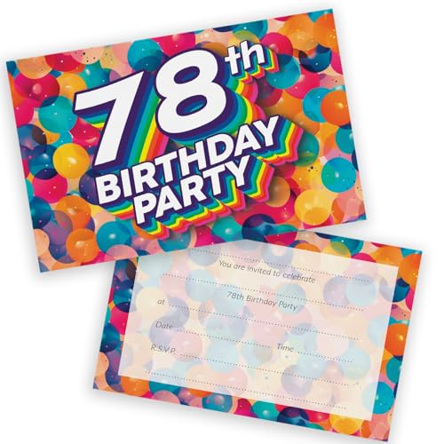 Party-Einladungen zum 78. Geburtstag, für Männer und Frauen, Regenbogen-Luftballons, 20 Stück, für Erwachsene, Geburtstagseinladungen für Freunde, Familie, A6, Geburtstagsparty-Einladungskarten mit Party-Einladungen zum 78. Geburtstag, für Männer und Frauen, Regenbogen-Luftballons, 20 Stück, für Erwachsene, Geburtstagseinladungen für Freunde, Familie, A6, Geburtstagsparty-Einladungskarten mit von Stuff4