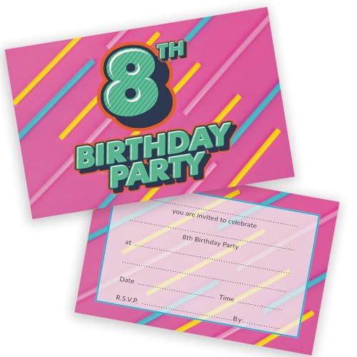 Party-Einladungen zum 8. Geburtstag für Kinder, flippige Farben, 20 Stück, Kindergeburtstagseinladungen für Jungen/Mädchen, A6, Geburtstagsparty-Einladungskarten mit Klappumschlägen von Stuff4