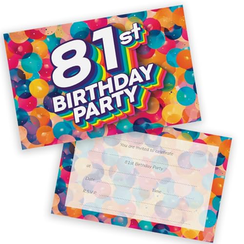 Party-Einladungen zum 81. Geburtstag, für Männer und Frauen, Regenbogen-Luftballons, 20 Stück, für Erwachsene, Geburtstagseinladungen für Freunde, Familie, A6, Geburtstagsparty-Einladungskarten mit Party-Einladungen zum 81. Geburtstag, für Männer und Frauen, Regenbogen-Luftballons, 20 Stück, für Erwachsene, Geburtstagseinladungen für Freunde, Familie, A6, Geburtstagsparty-Einladungskarten mit von Stuff4