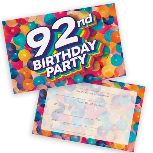 Party-Einladungen zum 92. Geburtstag, für Männer und Frauen, Regenbogen-Luftballons, 20 Stück, für Erwachsene, Geburtstagseinladungen für Freunde, Familie, A6, Geburtstagsparty-Einladungskarten mit Party-Einladungen zum 92. Geburtstag, für Männer und Frauen, Regenbogen-Luftballons, 20 Stück, für Erwachsene, Geburtstagseinladungen für Freunde, Familie, A6, Geburtstagsparty-Einladungskarten mit von Stuff4