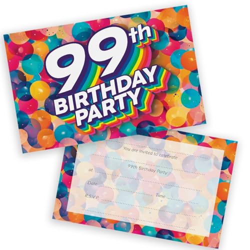 Party-Einladungen zum 99. Geburtstag, für Männer und Frauen, Regenbogenballons, 28 Stück, für Erwachsene, Geburtstagseinladungen für Freunde, Familie, A6, Geburtstagsparty-Einladungskarten mit von Stuff4