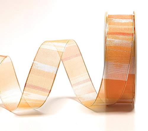 SCHLEIFENBAND 20m x 25mm orange - weiß Organza Streifen quer gestreift Dekoband [10857-444] von Stuhr & Wienert