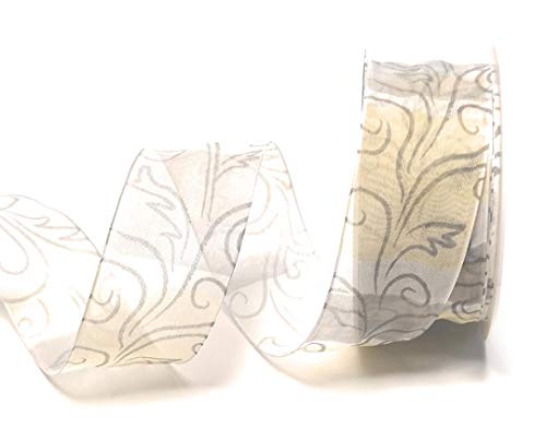 SCHLEIFENBAND 20m x 40mm Organza Weiß - Creme - Grau Querstreifen Ornamente Dekoband Geschenkband [10896-107] von Stuhr & Wienert