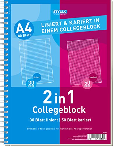 10x (2x 5er Pack) Duo Collegeblock DIN A4 50 Bl. kariert 30 Bl liniert von Stylex