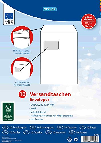 STYLEX 41192 Versandtaschen, C4 mit Fenster, haftklebend, 10 Stück, weiß von Stylex