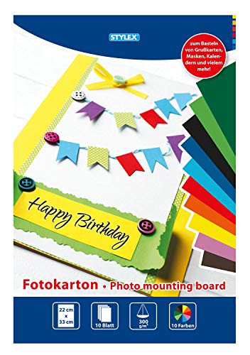 Stylex 46725 - Fotokarton - Block, 22 x 33 cm, 10 Blatt, 300 g/m², sortiert in 10 Farben, zum Basteln, Schneiden und Kleben von Stylex