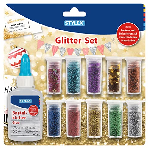 Stylex 23386 - Glitter-Set, 11 teilig, mit 8 Döschen Glitterpulver, 2 Döschen Streudeko und 1 Flasche Bastelkleber, zum Basteln und Dekorieren, Mehrfarbig von Stylex