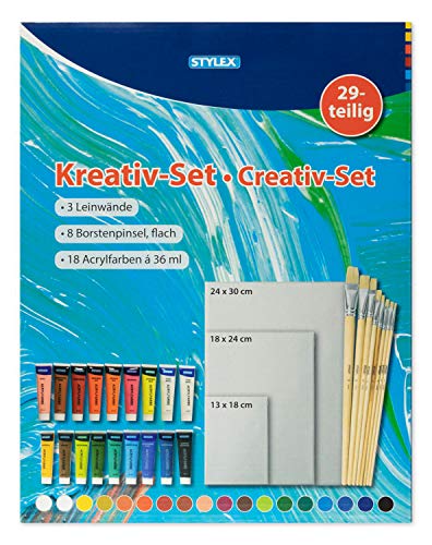 Stylex 28590 - Großes Kreativ-Set, 29 teilig mit 3 Keilrahmen, 8 flachen Borstenpinseln und 18 Acrylfarben mit je 36 ml, umfangreiches Komplettset für einen gelungenen Einstieg in die Acrylmalerei von Stylex