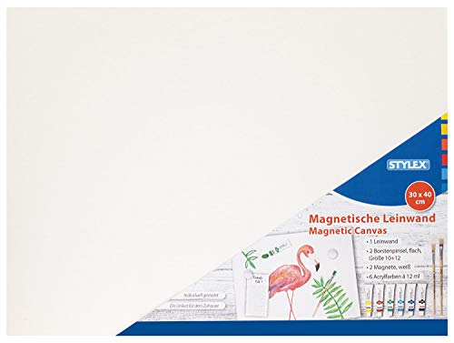 Stylex 28599 - Magnetleinwand, rechteckige Form, ca. 30 x 40 cm, mit Borstenpinsel, Magneten, 6 Acrylfarben à 12 ml, zum Malen mit Acrylfarben, Fingerfarben, Ölfarben, ideal als schöne Wohndekoration von Stylex
