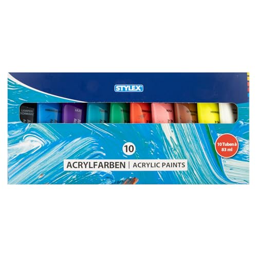 Stylex 28614 - Acrylfarben Set, 10 x 83 ml Tuben, 10 Farben auf Wasserbasis, lichtbeständig und wasserfest, schnelltrocknend, starke Deckkraft, für Leinwand, Papier und Stein Stylex 28614 - Acrylfarben Set, 10 x 83 ml Tuben, 10 Farben auf Wasserbasis, lichtbeständig und wasserfest, schnelltrocknend, starke Deckkraft, für Leinwand, Papier und Stein von Stylex