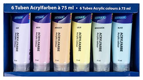 Stylex 28629 - Pastell Acrylfarben im Set, 6 Tuben á 75 ml, auf Wasserbasis hergestellt, matt, hohe Deck- und Farbkraft, lichtbeständig, schnelltrocknend und wasserfest Stylex 28629 - Pastell Acrylfarben im Set, 6 Tuben á 75 ml, auf Wasserbasis hergestellt, matt, hohe Deck- und Farbkraft, lichtbeständig, schnelltrocknend und wasserfest von Stylex