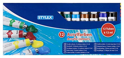 Stylex 28651 - Acrylfarben im Set, 12 Tuben á 12 ml, auf Wasserbasis hergestellt, matt, hohe Deck- und Farbkraft, lichtbeständig, schnelltrocknend und wasserfest von Stylex