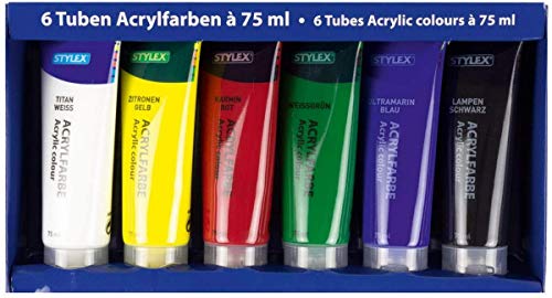 Stylex 28653 - Acrylfarben im Set, 6 Tuben á 75 ml, auf Wasserbasis hergestellt, matt, hohe Deck- und Farbkraft, lichtbeständig, schnelltrocknend und wasserfest von Stylex