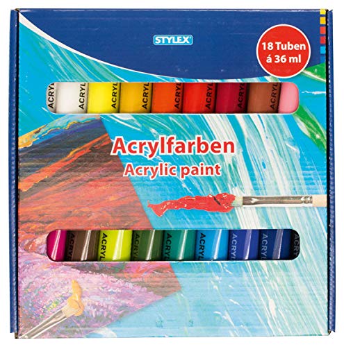 Stylex 28655 - Acrylfarben im Set, 18 Tuben á 36 ml, auf Wasserbasis hergestellt, matt, hohe Deck- und Farbkraft, lichtbeständig, schnelltrocknend und wasserfest von Stylex