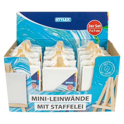 Stylex 28672-P12 - Mini Leinwand mit Staffelei, 24 Stück mit 100% Baumwollgewebe bespannt, Größe 7 x 7 cm, grundiert, rückseitig geheftet, für Öl-, Acryl-, Gouache- und Temperafarben Stylex 28672-P12 - Mini Leinwand mit Staffelei, 24 Stück mit 100% Baumwollgewebe bespannt, Größe 7 x 7 cm, grundiert, rückseitig geheftet, für Öl-, Acryl-, Gouache- und Temperafarben von Stylex