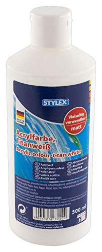 Stylex 28750 - Acrylfarbe auf Wasserbasis, 500 ml Flasche in titanweiß, matt, hohe Deck- und Farbkraft, lichtbeständig, schnelltrocknend und wasserfest von Stylex