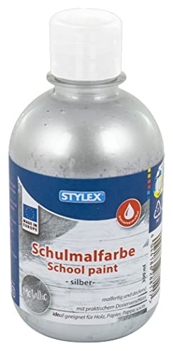 Stylex 28811 - Schulmalfarbe Silbers, 300 ml, Metallic-Effekt, Langzeit deckend und wasservermalbar, mit Dosierverschluss von Stylex