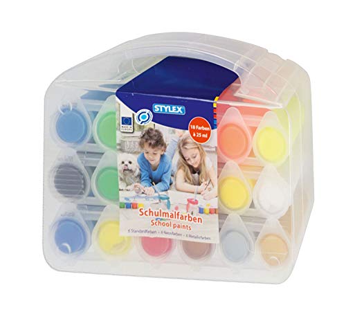 Stylex 28952 - Schulmalfarben, 18 Malfarben für Kinder, in 25 ml Näpfen im praktischen Mehrzweckkoffer, 6 Standardfarben, 6 Neonfarben und 6 Metallicfarben von Stylex
