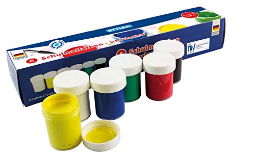 Stylex 28956 - Schulmalfarben im Set, 6 Malfarben für Kinder in den Farbtönen weiß, rot, blau, gelb, grün und schwarz, verschließbare Töpfchen á 20 ml von Stylex