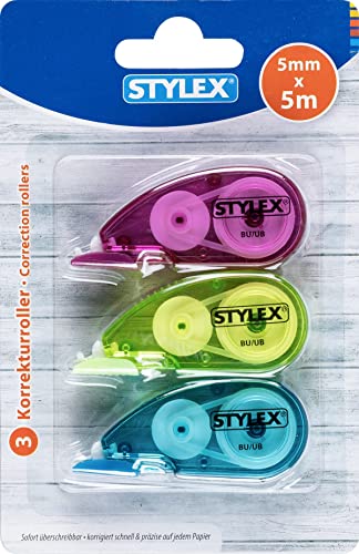 Stylex 31037 - Korrekturroller, 5 mm x 5 m, verschiedene Gehäusefarben, 3 Stück von Stylex