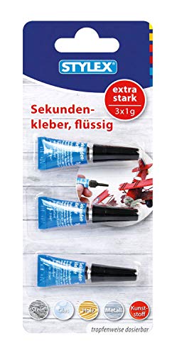 Stylex 31047 - Sekundenkleber, extra stark, 3 Tuben à 1 g, zum Kleben von Kunststoff, Metall, Holz, Glas und Stein, tropfenweise dosierbar von Stylex