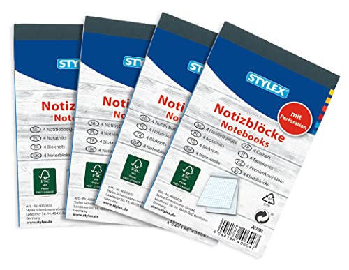 Stylex 40604 - Notizblock kariert, DIN A7, FSC-zertifiziertes Papier, 4 Stück von Stylex