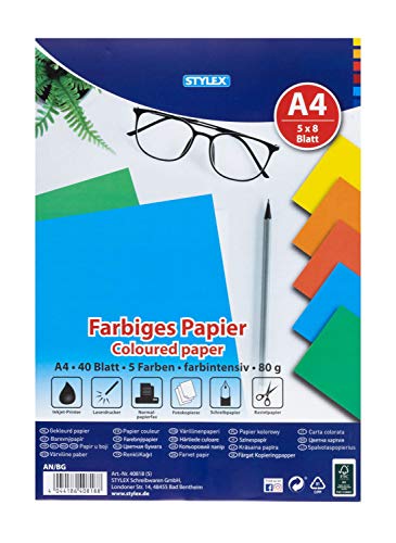 Stylex 40818 - Farbiges Papier, DIN A4, 80 g/m², 40 Blatt in 5 intensiven Farben sortiert, geeignet für Inkjetdrucker, Laserdrucker, als Schreibpapier und zum Basteln von Stylex