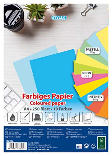 Stylex 40825 - Farbiges Papier DIN A4, 250 Blatt in 10 verschiedenen Farben, zum Malen, Basteln, Drucken & Schreiben, von Stylex