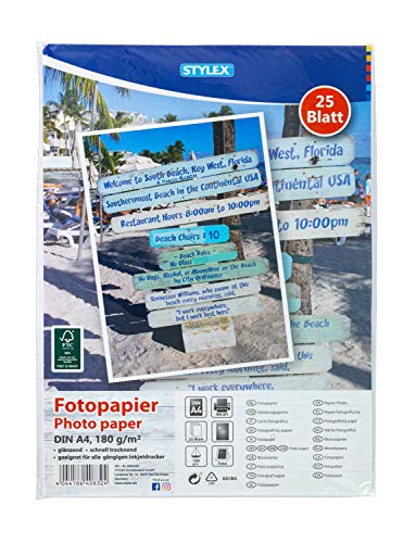 Stylex 40832 - Fotopapier, DIN A4, 25 Blatt, 180 g/m², glänzend, schnelltrocknend, geeignet für alle gängigen Inkjetdrucker, Weiß von Stylex