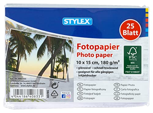 Stylex 40833 - Fotopapier 10 x 15 cm, 180 g/m², FSC-zertifiziertes Papier, weiß, 25 Blatt von Stylex