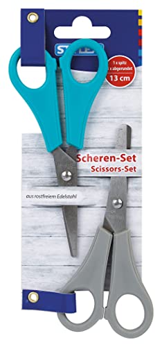 Stylex 42728 - Scheren-Set für Kinder, 2 Bastelscheren aus rostfreiem Edelstahl, eine mit spitzer und eine mit abgerundeter Klinge, je ca. 13 cm lang, bedruckt mit cm Einteilung von Stylex