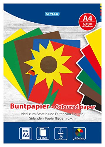 Stylex 42910 - Buntpapier im Heft, ungummiert, DIN A4, 12 Blatt, 80 g/m², sortiert in 6 verschiedenen Farben, ideal zum Basteln und Falten von Figuren, Girlanden, Papierfliegern von Stylex