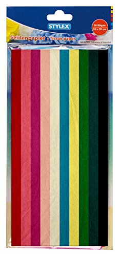 Stylex 46453 - Seidenpapier, 50 x 70 cm, 20 Bögen sortiert in 10 verschiedenen Farben, nicht wasserfest, leucht färbend, ideal zum Basteln, Dekorieren und Verpacken von Stylex