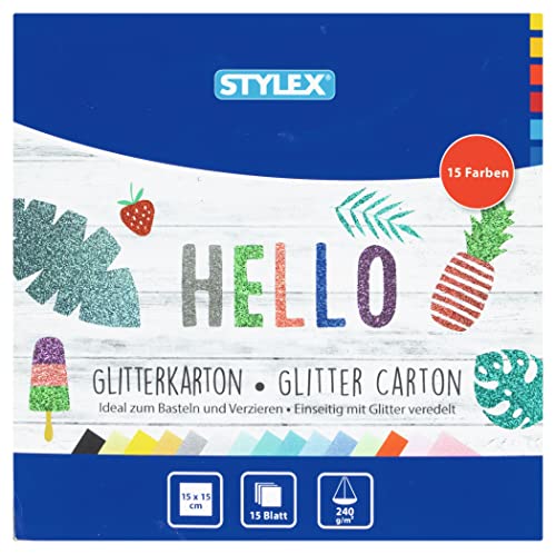 Stylex 46470 - Glitzerkarton, einseitig mit Glitzer veredelt, 15 x 15 cm, 240 g/m², 15 Blätter mit verschiedenen Glitzerfarben von Stylex