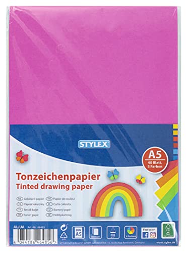 Stylex 46485 - Tonzeichenpapier, DIN A5, 200 g/m² Papier, in 5 verschiedenen Trend-Farben, 40 Blatt von Stylex