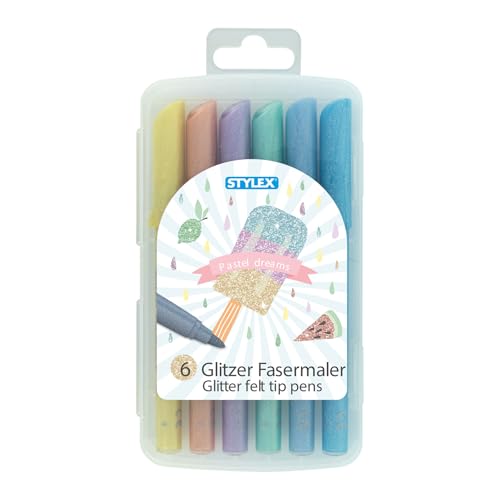 Stylex 64017 - Glitzer Fasermaler, 6 Stück in Pastellfarben, farbintensiv, auswaschbar, in wiederverschließbarer Box, zum Malen, Basteln und Zeichnen, Filzstifte für Kinder Stylex 64017 - Glitzer Fasermaler, 6 Stück in Pastellfarben, farbintensiv, auswaschbar, in wiederverschließbarer Box, zum Malen, Basteln und Zeichnen, Filzstifte für Kinder von Stylex