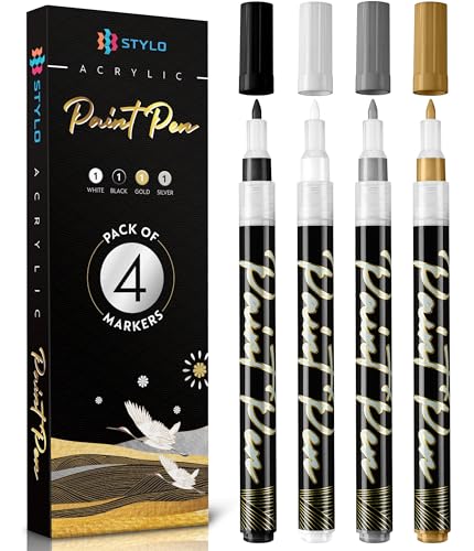 Stylo 4 Stück Metallic Marker Stifte Set– Weiß, Schwarz, Gold und Silber, permanente Acrylmarker, Stift für Osterdekoration, Glas, Keramik, Steinmalerei, Kunsthandwerk für Erwachsene von Stylo