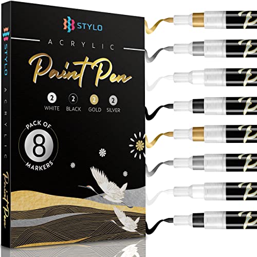 Stylo 8 Stück Metallic Marker Stifte Set – Weiß, Schwarz, Gold und Silber, Permanente Acrylmarker, Stift für Glas, Keramik, Steinmalerei, Kunsthandwerk für Erwachsene Stylo 8 Stück Metallic Marker Stifte Set – Weiß, Schwarz, Gold und Silber, Permanente Acrylmarker, Stift für Glas, Keramik, Steinmalerei, Kunsthandwerk für Erwachsene von Stylo