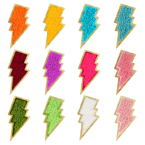 12 Stück Lightning Chenille Patches mit goldenen Kanten, zum Aufbügeln, selbstklebende bestickte Flicken für Hüte, Taschen, Jacken, DIY-Kleidungszubehör von Styquenzer