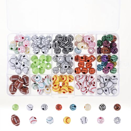 145 Stück Sportperlen für DIY-Schmuckherstellung, 15 Stile, Sport-Perlen, Zubehör, Acryl, winzige Baseball-, Basketball-, Tennis-, Volleyball-, Fußball-, Tennis-, Volleyball-, Fußball-, mit einer von Styquenzer