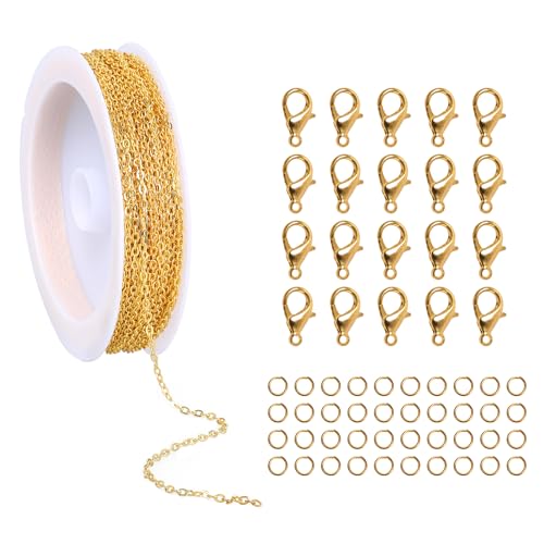 10m Schmuckkette Gliederkette Meterware Golden Gliederkette Schmuckherstellung Zubehör Kit Kettenband mit 20 Karabinerverschluss 40 Biegeringe Ketten Selber Machen Set für Schmuck Basteln DIY von Styquenzer