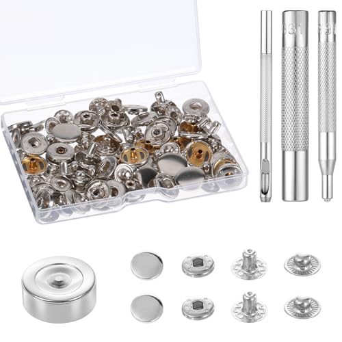 24Sets Leder Druckknöpfe Set, 15mm Metall Druckknöpfe Metall Leder Druckknöpfe Kit mit 4 Druckknopf-Installationswerkzeugen Robuster Leder Druckknopf für Kleidung, Hüte, Jacken, Jeans, Canvas (Silber) 24Sets Leder Druckknöpfe Set, 15mm Metall Druckknöpfe Metall Leder Druckknöpfe Kit mit 4 Druckknopf-Installationswerkzeugen Robuster Leder Druckknopf für Kleidung, Hüte, Jacken, Jeans, Canvas (Silber) von Styquenzer