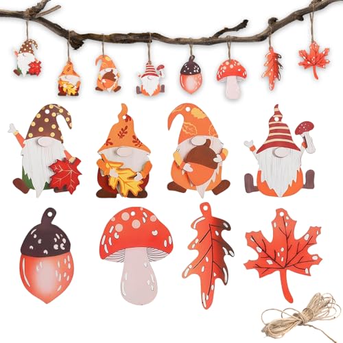 24 Stück Herbstdeko Hänger, Herbst Deko Holz, Anhänger Fensterdeko Herbst, Zwerg Wichtel Pilz Ahornblatt Fensterhänger Autumn Decor Fenster mit Hanfseil, Bunte Herbstdeko Fenster (24pcs) von Suaflny