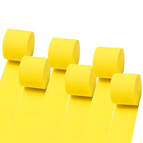 Suaxova Bunte Krepppapier-Luftschlangen, 150 m, 6 Rollen, Party-Luftschlangen für gelbe Partydekorationen, Geburtstagsdekorationen, Hochzeitsdekorationen (4,6 cm x 2,5 m/Rolle) von Suaxova