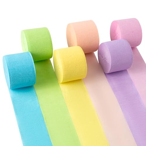 Suaxova Krepppapier-Luftschlangen, 6 Rollen, 150 m, Pastell-Luftschlangen, Party-Dekorationen, Krepppapierrolle für Geburtstag, Hochzeit, Brautparty, Dekorationen (4,6 cm x 2,5 m/Rolle) von Suaxova