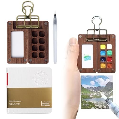 Mini Aquarell Set – Pocket Aquarell Set mit 8 Walnussholz, Magnetverschluss & Binder-Clip, Skizzenbuch mit 58 Blatt Aquarellpapier, Aquarellpinsel, Aquarell Set Unterwegs von SubTack