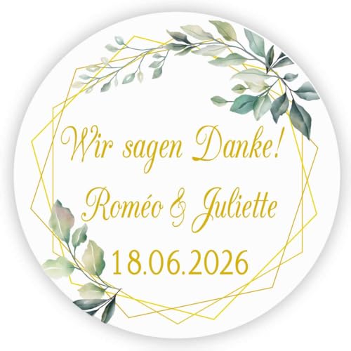 MameArt 50stk Aufkleber Hochzeit Personalisiert Wir Sagen Danke, 4cm Kranz Sticker für Gastgeschenk Taufe Kommunion Geburtstag Feste Geschenke Präsente (DE01), 3DE0104A von Sudsty